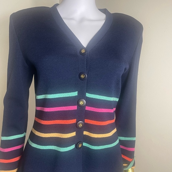 St. John knit Navy Cardigan sweater jacket with Multicolor Stripes - Picture 2 of 9